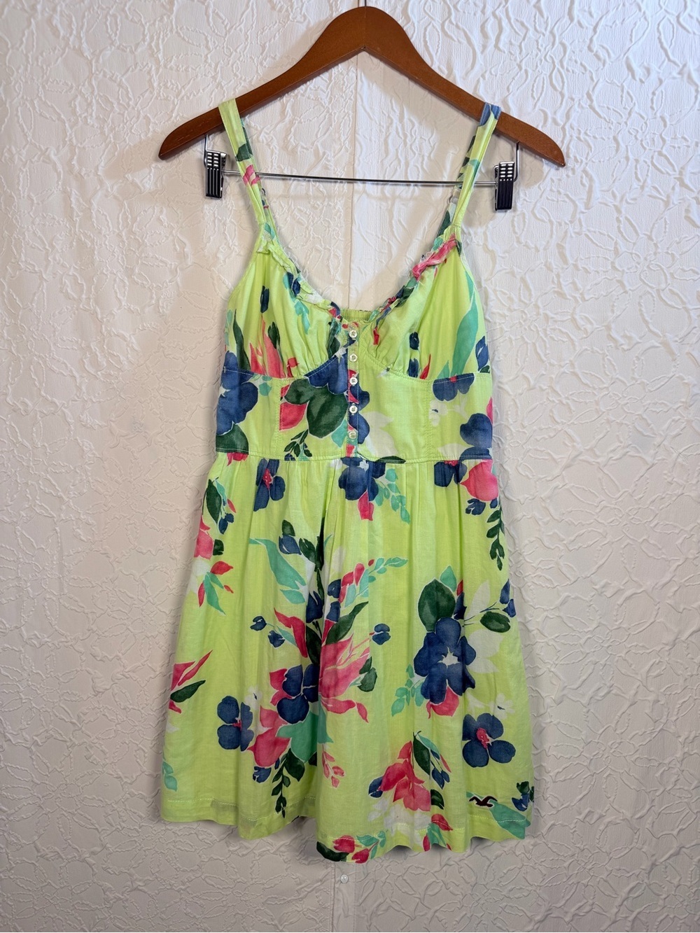 Hollister Floral Lime Cotton Lined Summer Mini Dress Sz M